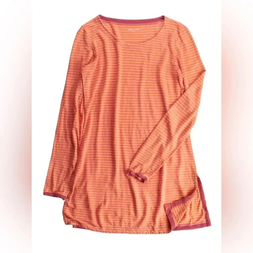 Eileen Fisher 100% Linen Jersey Stripe Tee orange pink Tunic Top size XL